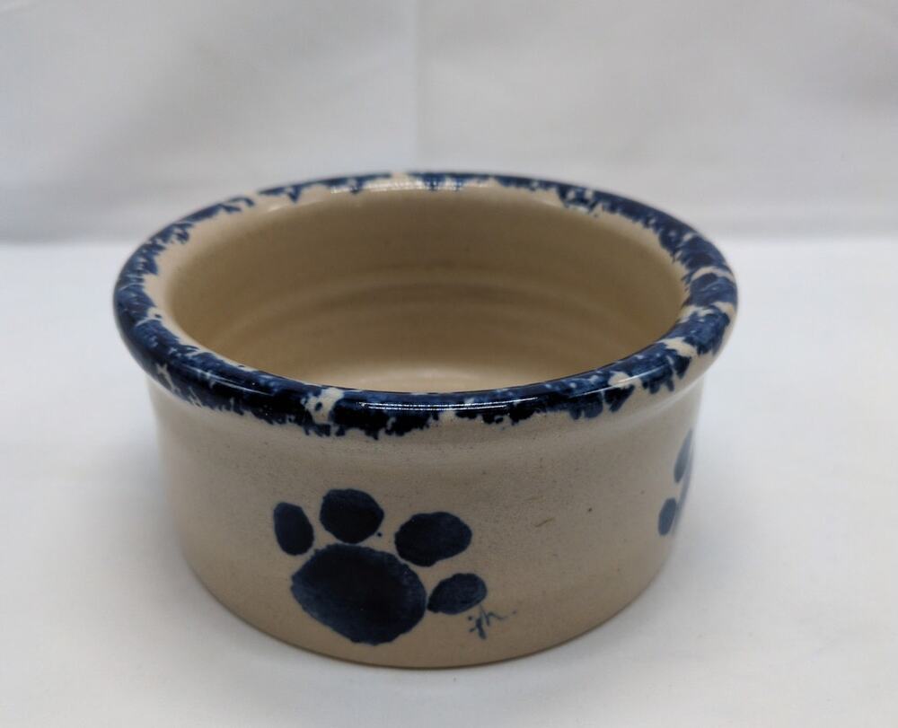 Yesteryears Hand Turned Stoneware Dog Bowl Signed Blue Pawprints USA Vintage